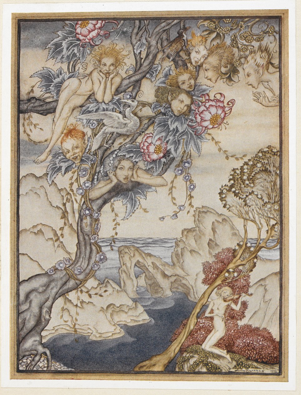 ACT III: Scene II, linje 144 Øya er full av lyder, lyder og søt luft, som gir glede og ikke gjør vondt. av Arthur Rackham