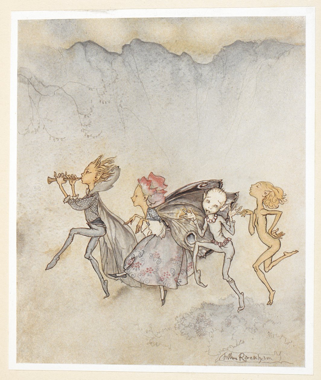 AKT IV: Scene I, linje 46 Hver og en snubler på tåen, Skal være her med mopp og klipp. Nymfer. av Arthur Rackham
