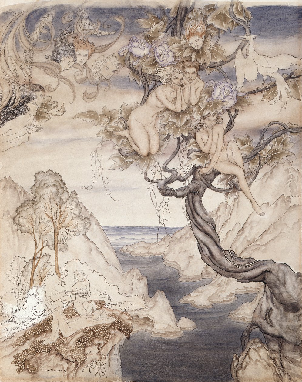 A Fairy Song, tegnet for akt II, scene ii, fra A Midsummer Nights Dream (penn og blekk & wc på papir) av Arthur Rackham