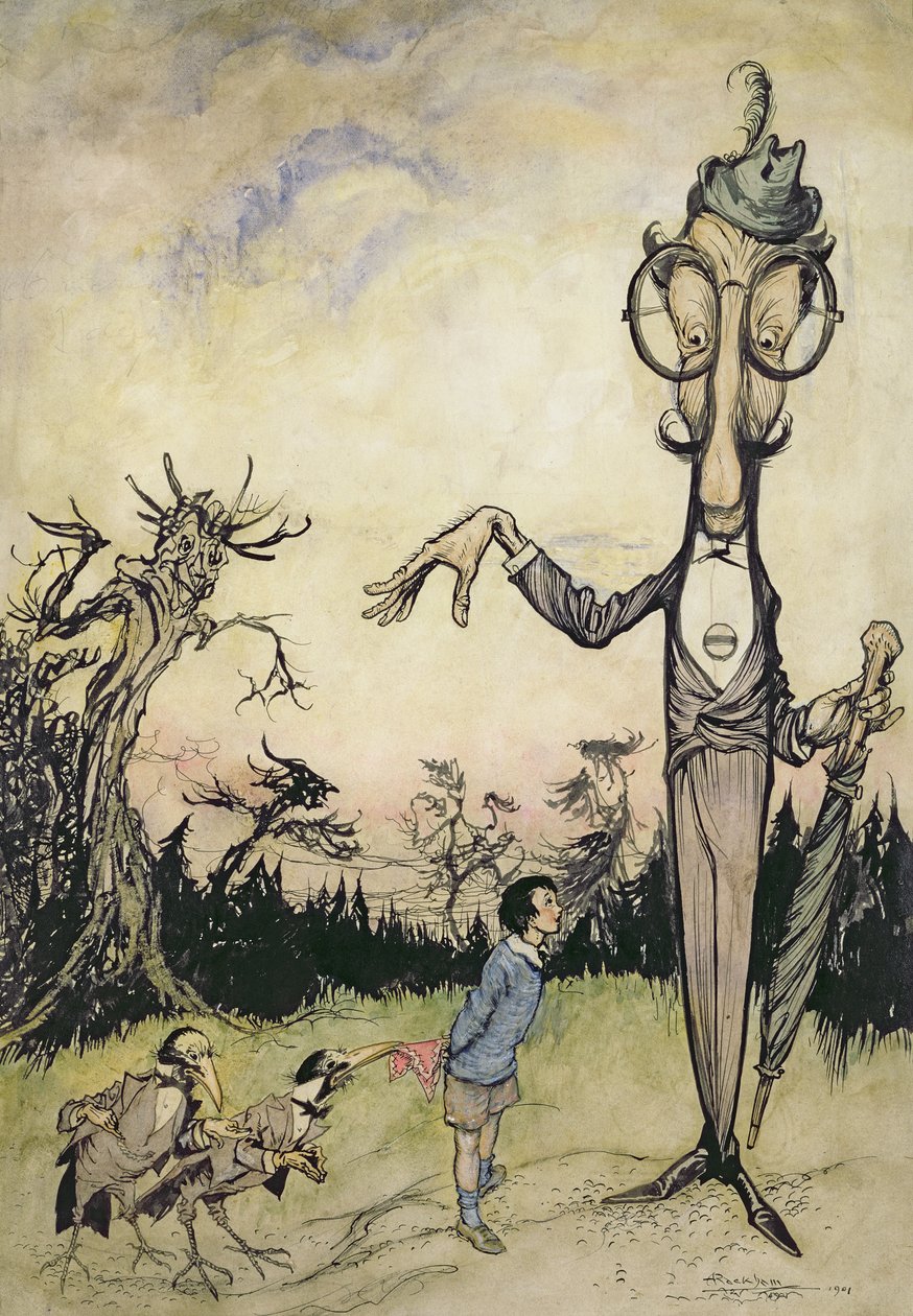 A Giant with a Child and Two Crows, illustrasjon fra The Book of Betty Barber av Maggie Brown, pub.1910 (penn og blekk, senere fargelagt av Harry Rountree, 1878-1950) (også en illustrasjon for boken o av Arthur Rackham