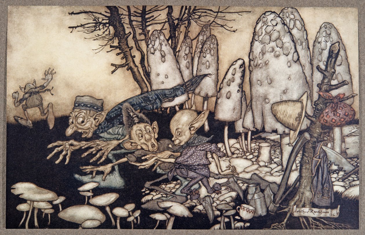 En gjeng arbeidere som var i ferd med å sage ned en paddehatte skyndte seg bort og la verktøyene sine bak seg, fra Peter Pan i Kensington Gardens av J M Barrie (1860 - 1937), pub. 1906 av Arthur Rackham