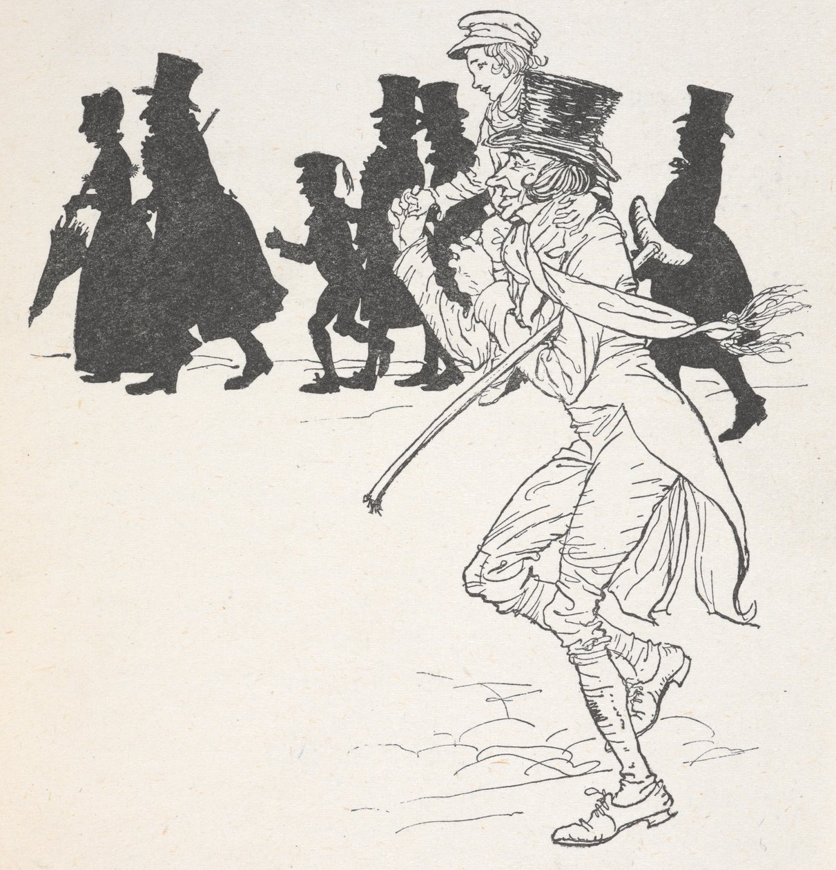 En gutt som bæres på en manns skuldre av Arthur Rackham