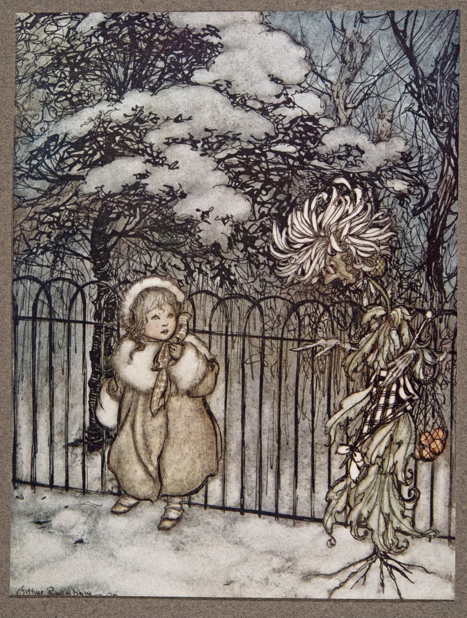 En krysantemum hørte henne, og sa skarpt: Hoity-toity, what is this?, fra Peter Pan i Kensington Gardens av J M Barrie (1860 - 1937), pub. 1906 av Arthur Rackham