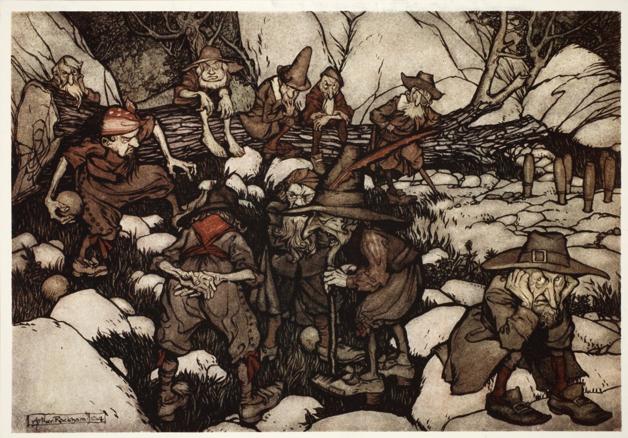 Et selskap med rare personer som spiller på nipins., fra Rip Van Winkle av Washington Irving, pub. 1910 av Arthur Rackham