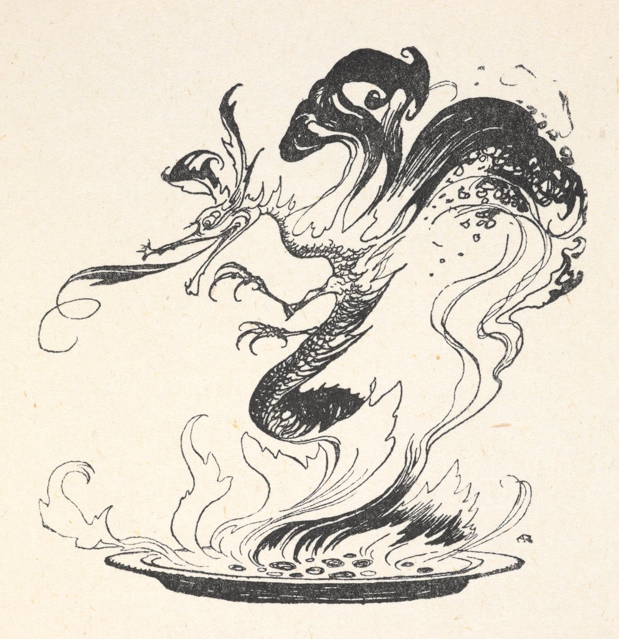En drage som dukker opp fra en tallerken med brennende penger av Arthur Rackham