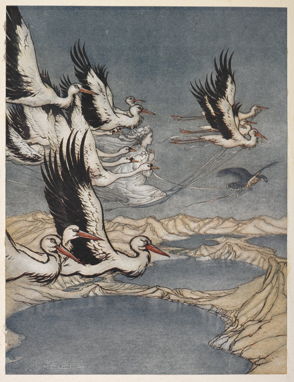 En fugleflokk som frakter bort Earl Mars datter like før bryllupet hennes av Arthur Rackham
