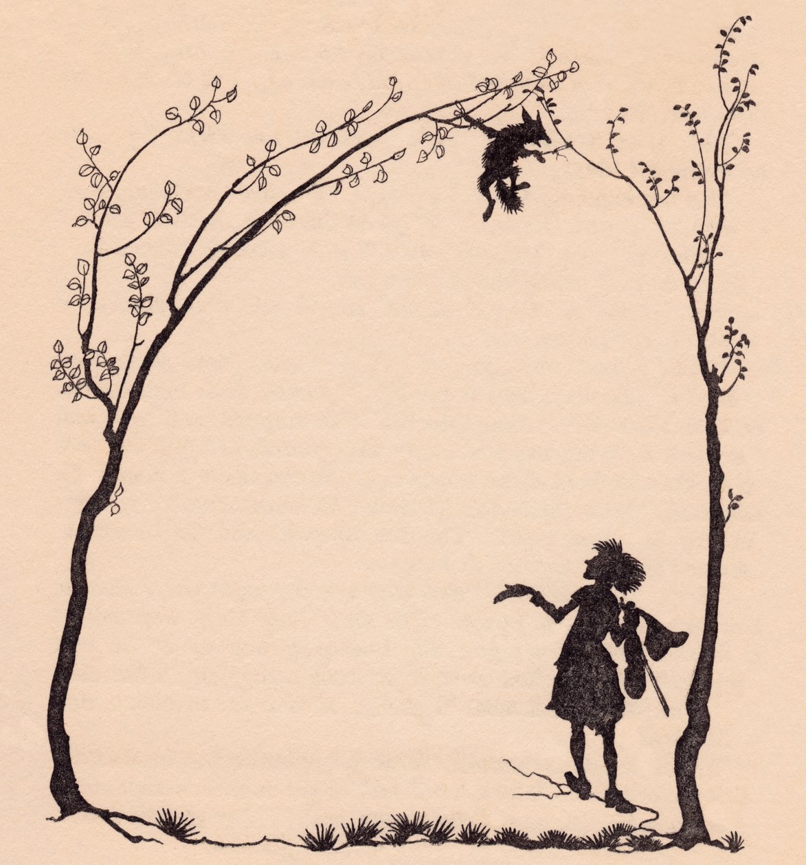 En rev bundet med potene til to hasseltrær. Illustrasjon av Arthur Rackham fra Grimm