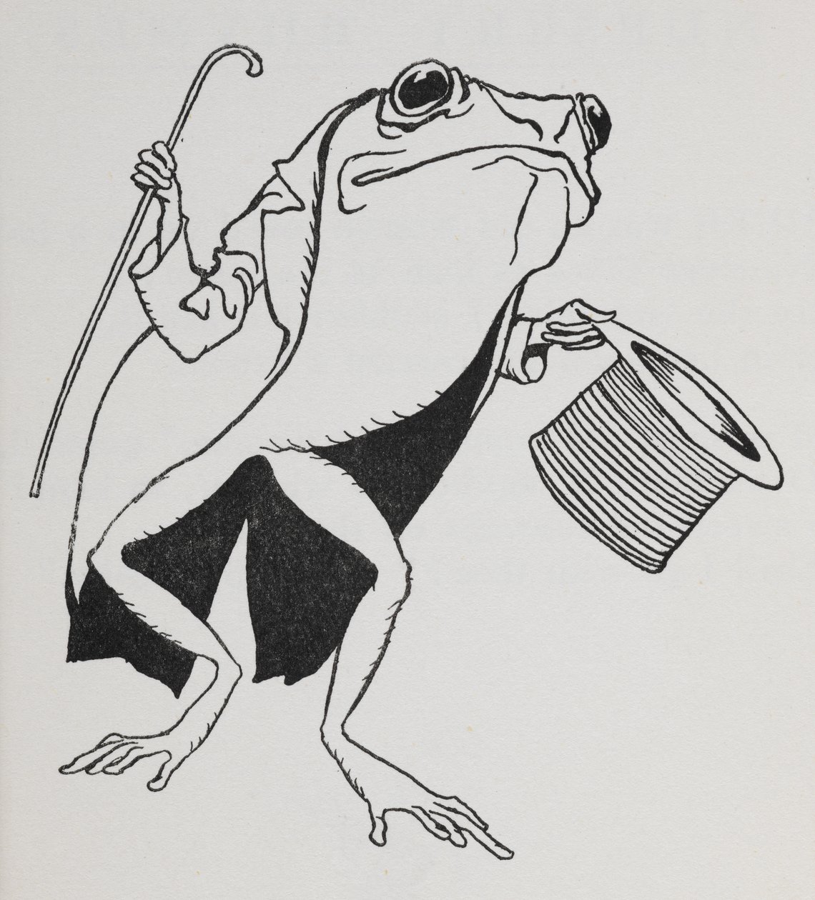 En frosk iført topplue og haler, bærende på en stokk. av Arthur Rackham