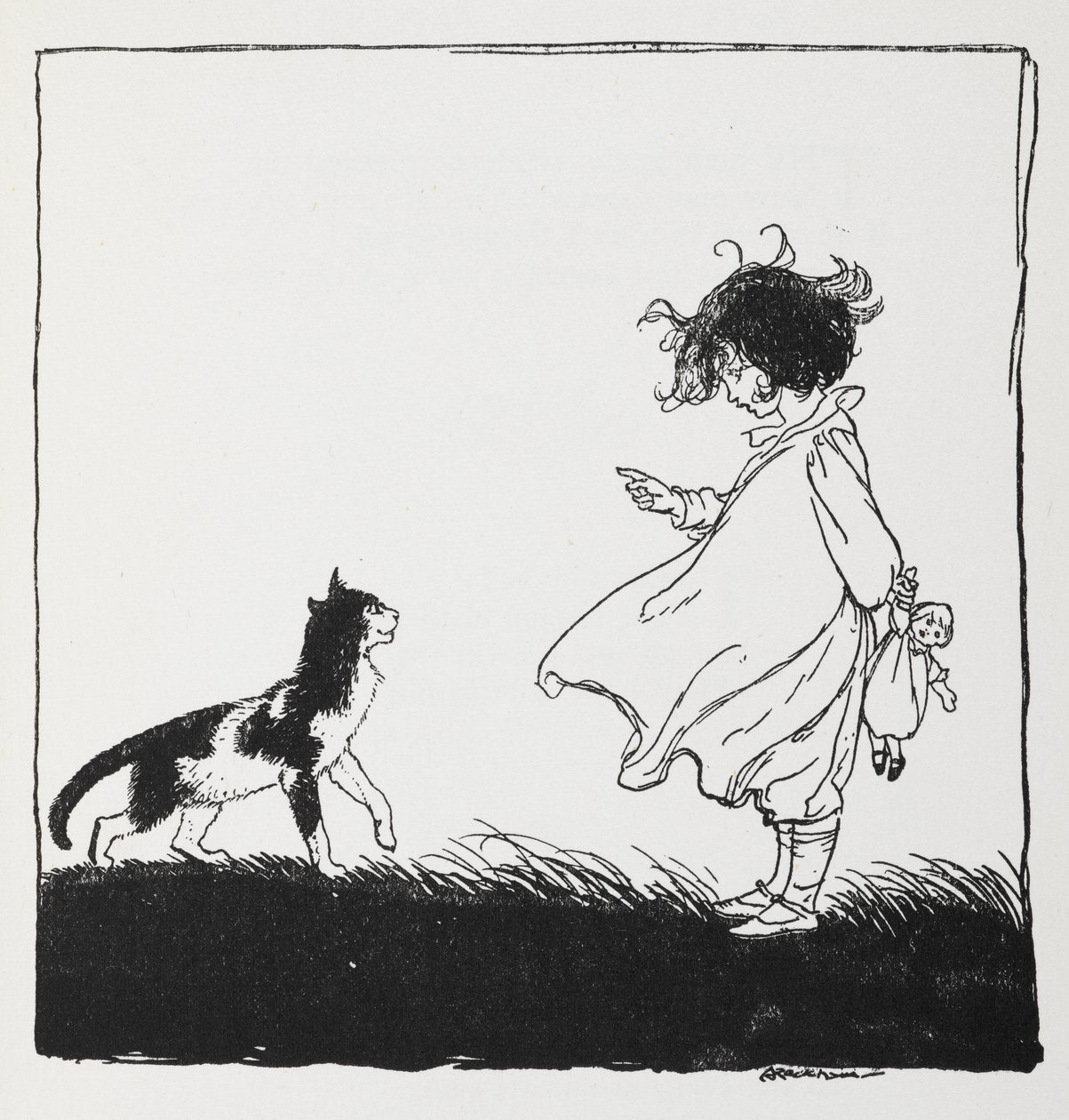 En jente med en dukke forteller katten sin. av Arthur Rackham