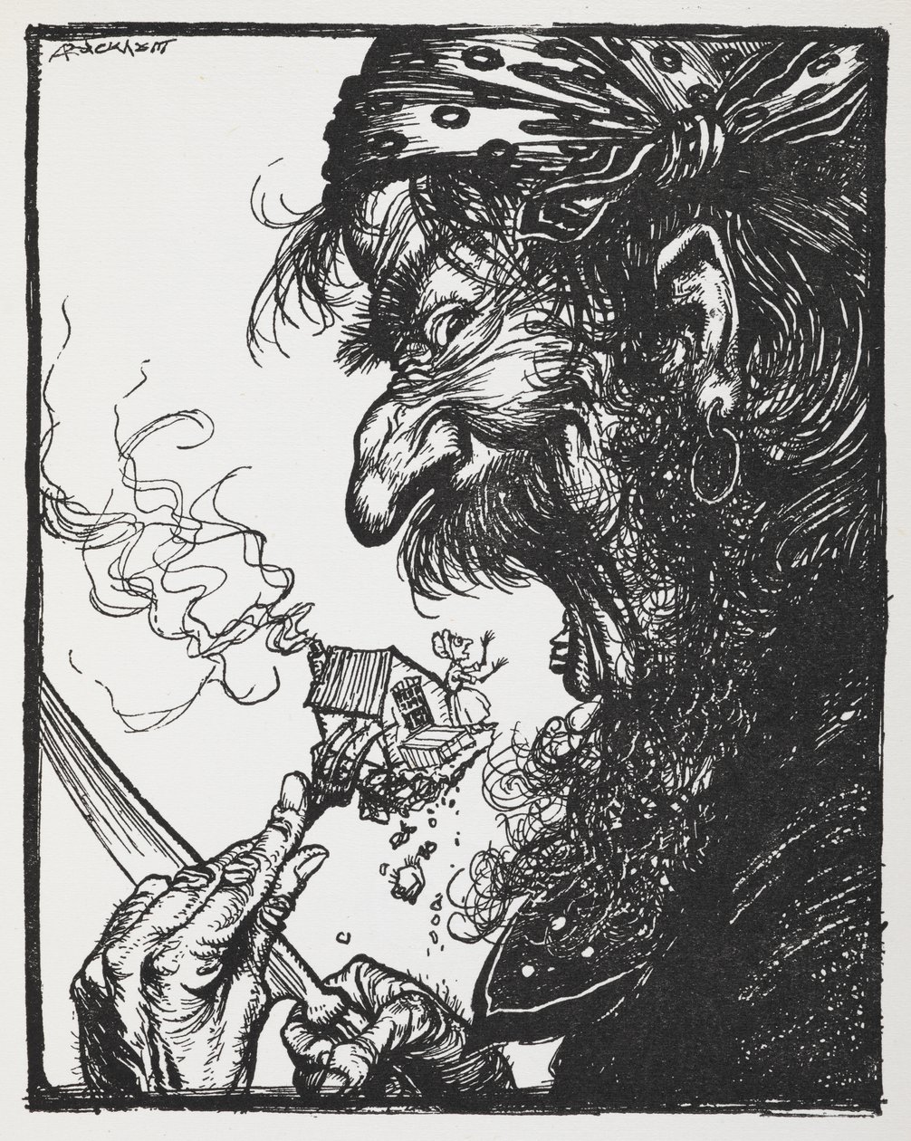En stor mann som spiser en liten dame og huset hennes. av Arthur Rackham