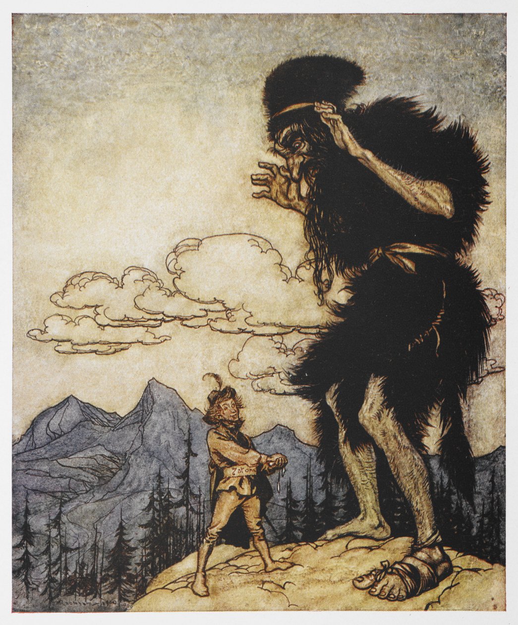 En mann og en kjempe fra The Valiant Tailor av Arthur Rackham