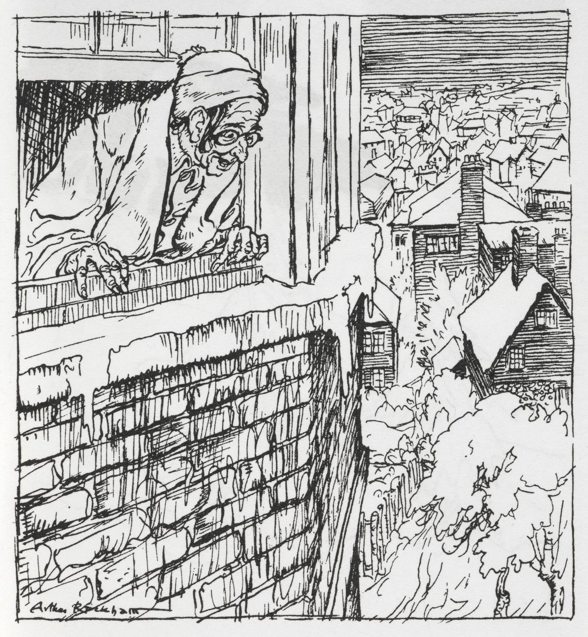 En mann ser ut av et vindu av Arthur Rackham