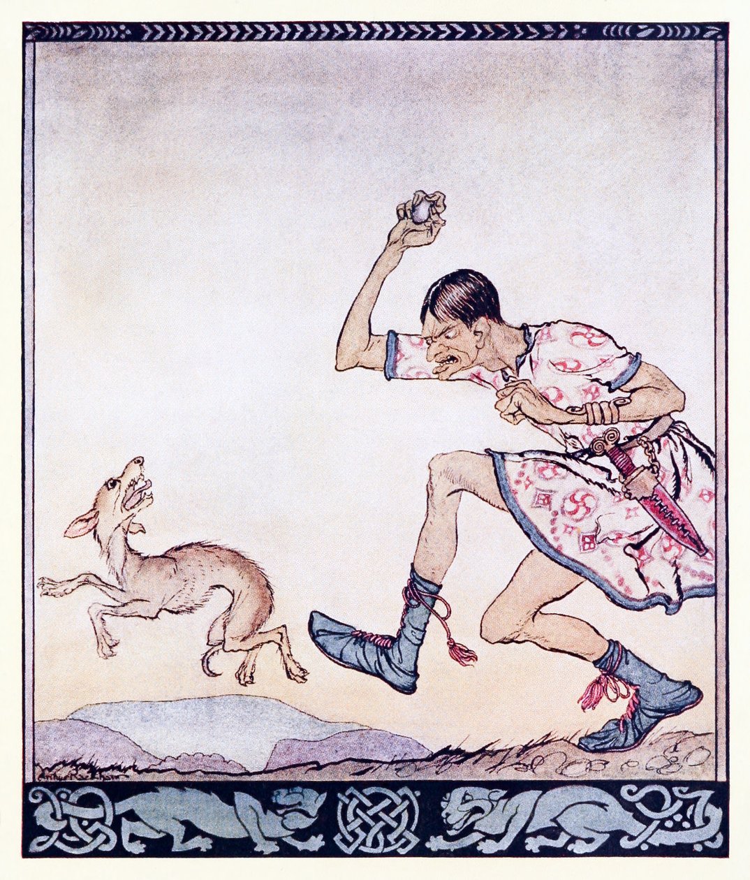 En mann som ikke likte hunder. Faktisk hatet han dem. fra The Birth of Bran i Irish Fairy Tales av Arthur Rackham