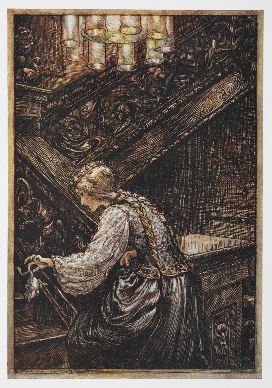 En prinsesse som bærer en frosk fra The Frog Prince. av Arthur Rackham