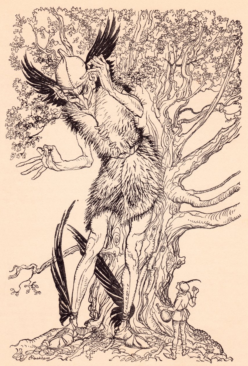 En forferdelig kar halvparten så stor som treet han stod ved. Illustrasjon av Arthur Rackham fra Grimm