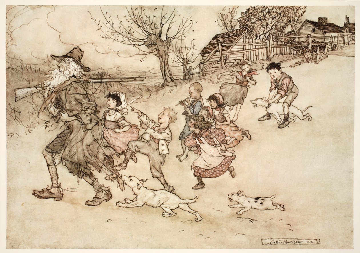 En tropp med rare barn løp i hælene hans, tut etter ham og pekte på det grå skjegget hans., fra Rip Van Winkle ved Washington Irving, pub. 1910 av Arthur Rackham