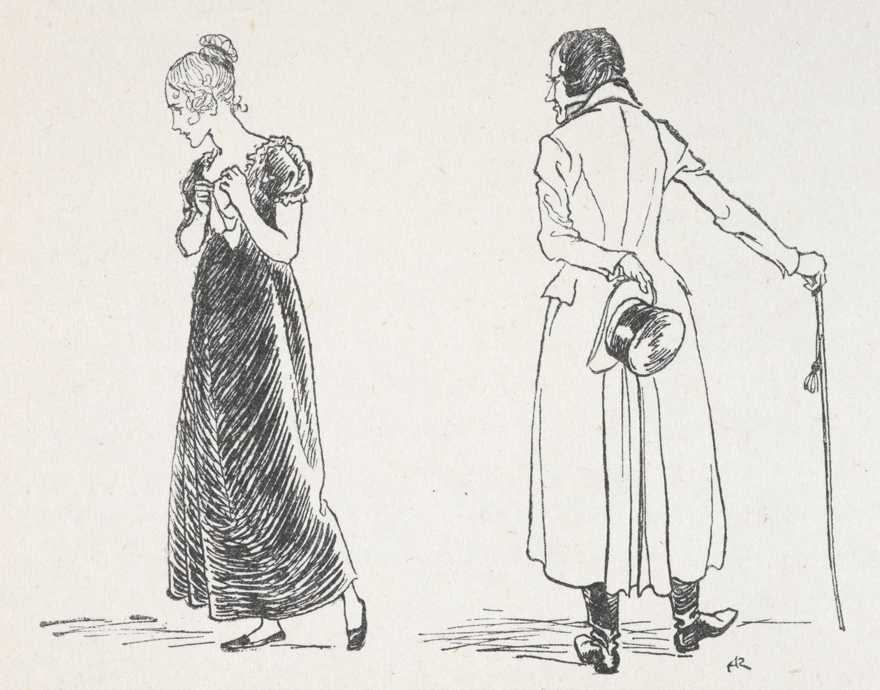 Et ungt par krangler, kvinnen hadde vendt seg bort og holdt et lommetørkle til brystet av Arthur Rackham