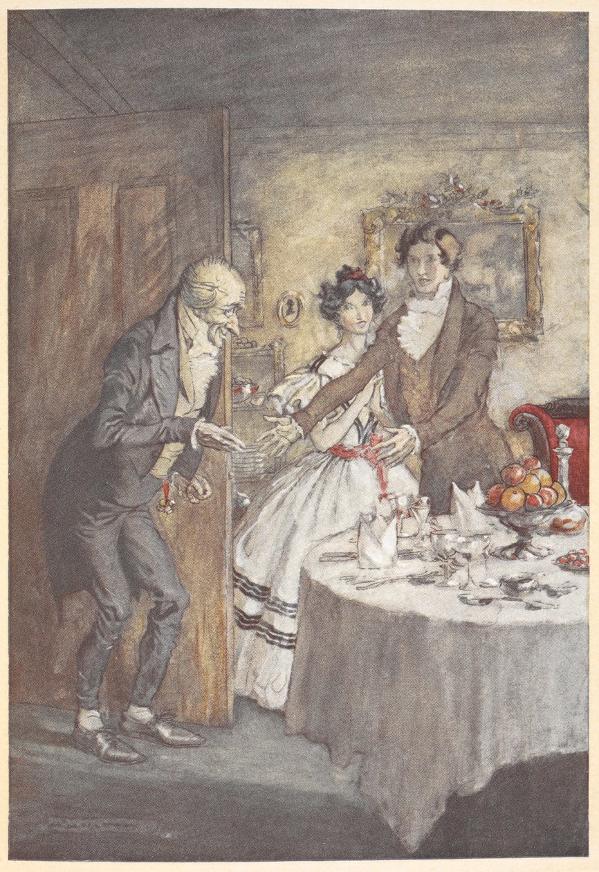 En ung mann og kvinne ønsker Scrooge velkommen til et måltid i spisestuen deres av Arthur Rackham