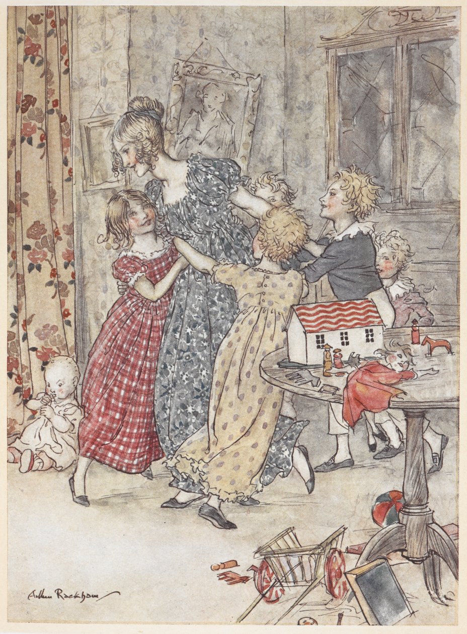 En ung kvinne og barn danser rundt et lekerom fullt av leker av Arthur Rackham