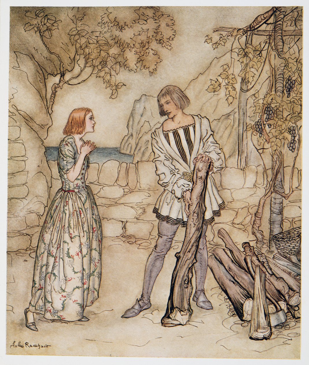 Akk, nå, be deg, arbeid ikke så hardt, illustrasjon fra William Shakespeares The Tempest, pub. 1926 av Arthur Rackham