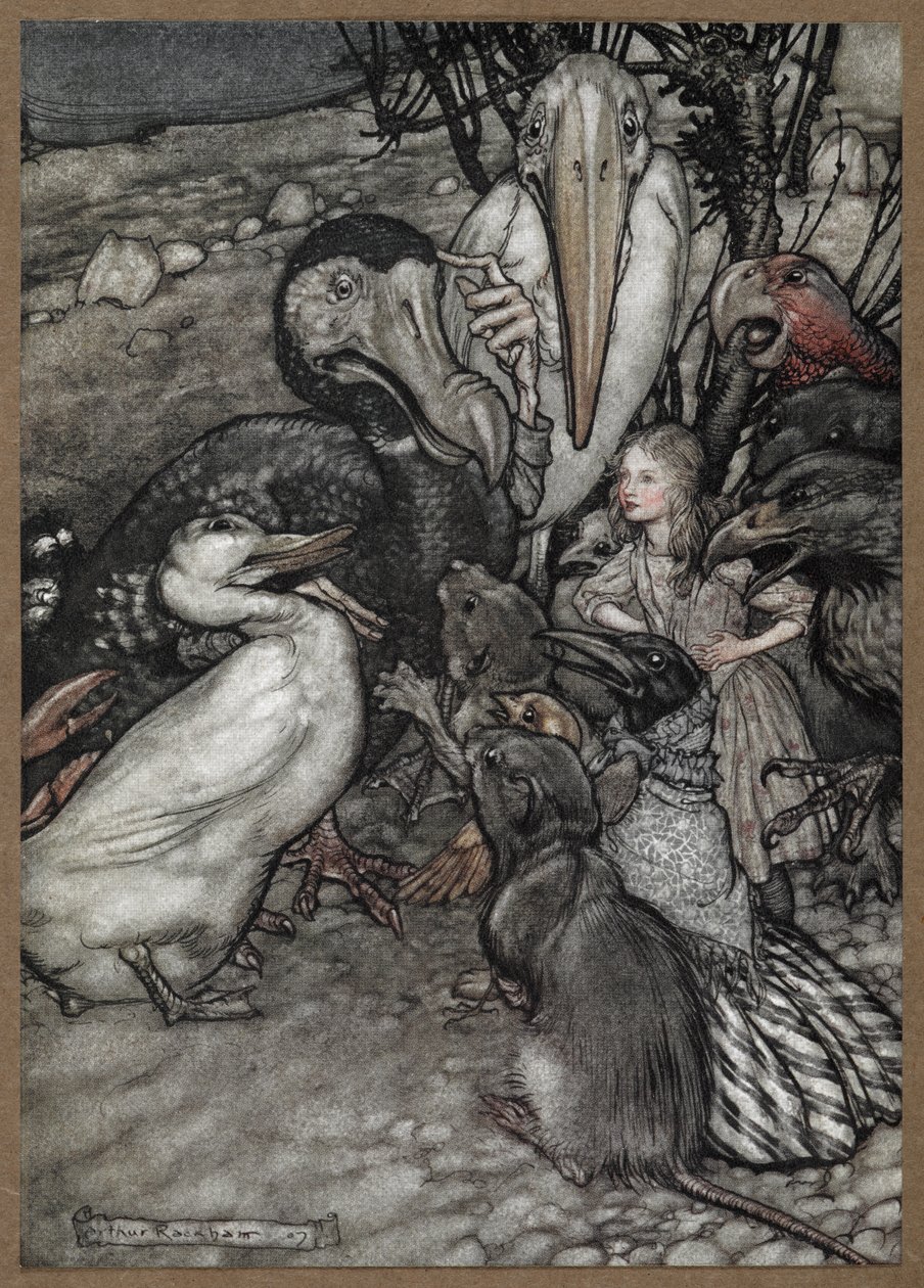 Alice og dyrene etter Caucus Race, inkludert en dodo, en and, en rotte, en kråke og en papegøye. av Arthur Rackham