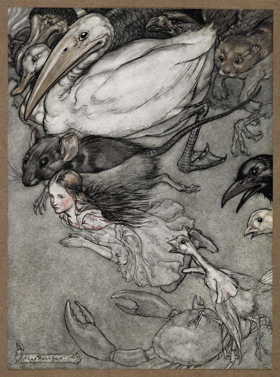 Alice og forskjellige dyr som svømmer, inkludert en rotte, en and, en dodo, en kråke, en wesel, en krabbe og en kylling. av Arthur Rackham