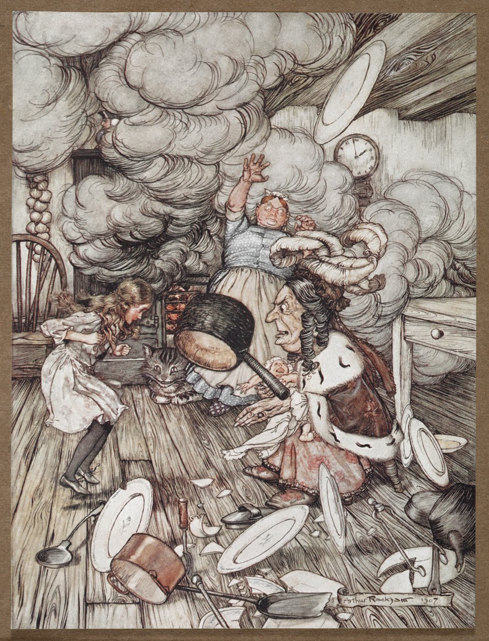 Alice på et kjøkken med hertuginnen, en kokk og Cheshire Cat av Arthur Rackham