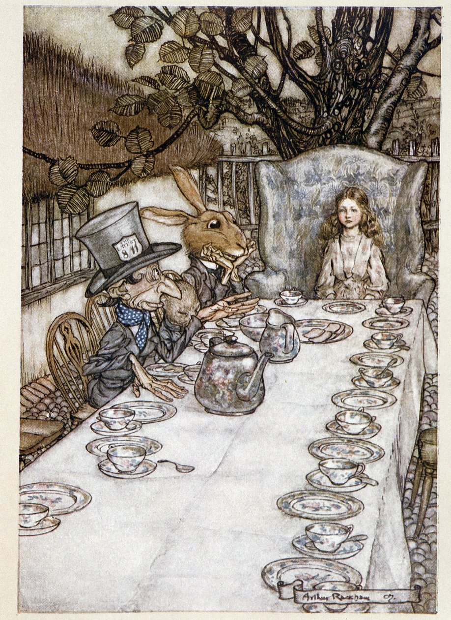 Alice tar "" i dårene""" (Hatteren og Mars Lievre) - i "" The Adventures of Alice in Wonderland""", Lewis Carroll, ill. av Arthur Rackham (1867-1939) av Arthur Rackham