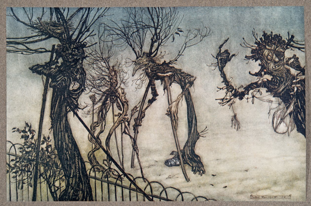 En hyllebær hoppet over turen, og sto og pratet med noen små barn ... fra Peter Pan i Kensington Gardens av J M Barrie (1860 - 1937), pub. 1906 av Arthur Rackham