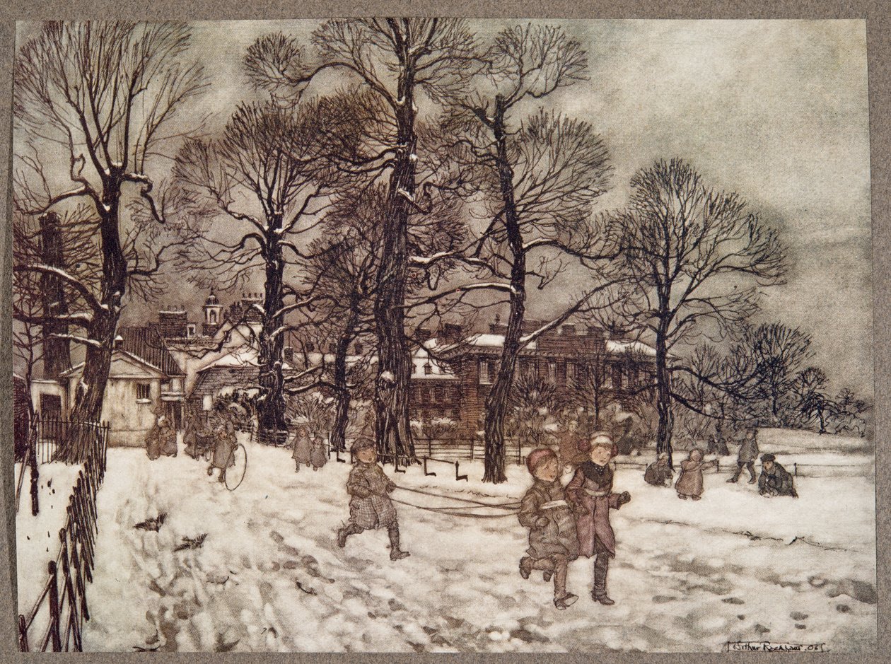 En ettermiddag da hagene var hvite av snø, fra Peter Pan i Kensington Gardens av J M Barrie (1860 - 1937), pub. 1906 av Arthur Rackham