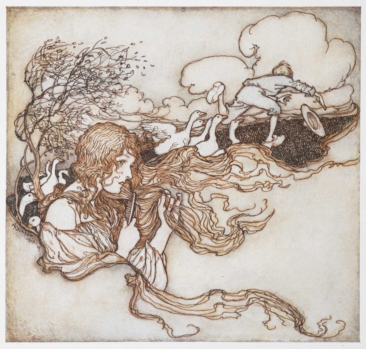 En illustrasjon av en jente som børster håret med gjess og en gutt i bakgrunnen, fra The Goosegirl. av Arthur Rackham