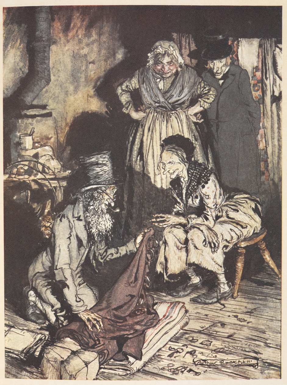 En gammel familie inne i huset deres med en mann som tilbyr dem gardiner av Arthur Rackham