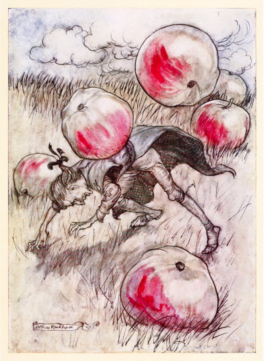 Epler ramlet rundt ørene mine fra del II: A Voyage to Brobdingnag in Gullivers Travels av Jonathan Swift av Arthur Rackham