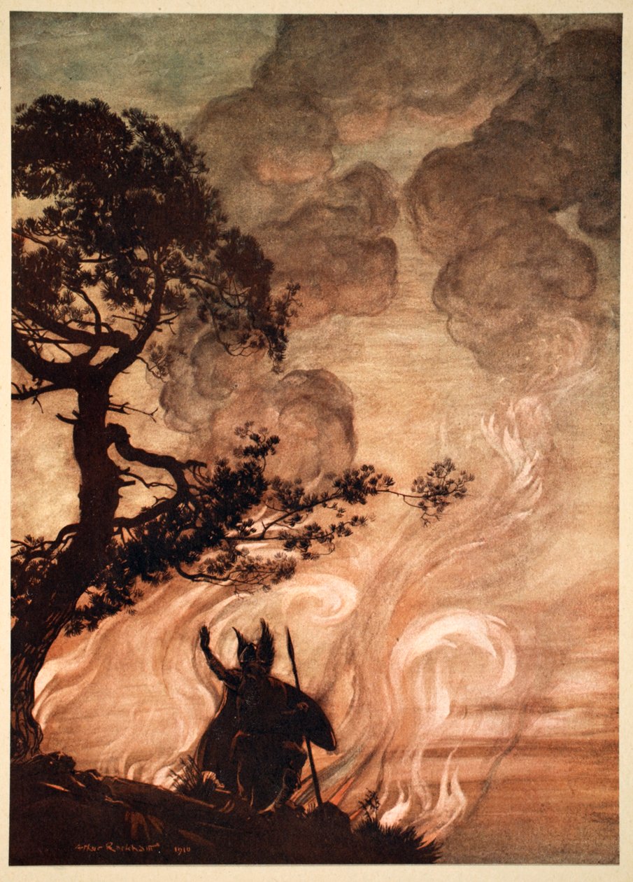 "Mens han beveger seg sakte bort, snur Wotan seg og ser bedrøvet tilbake på Brunnhilde", 1910. av Arthur Rackham