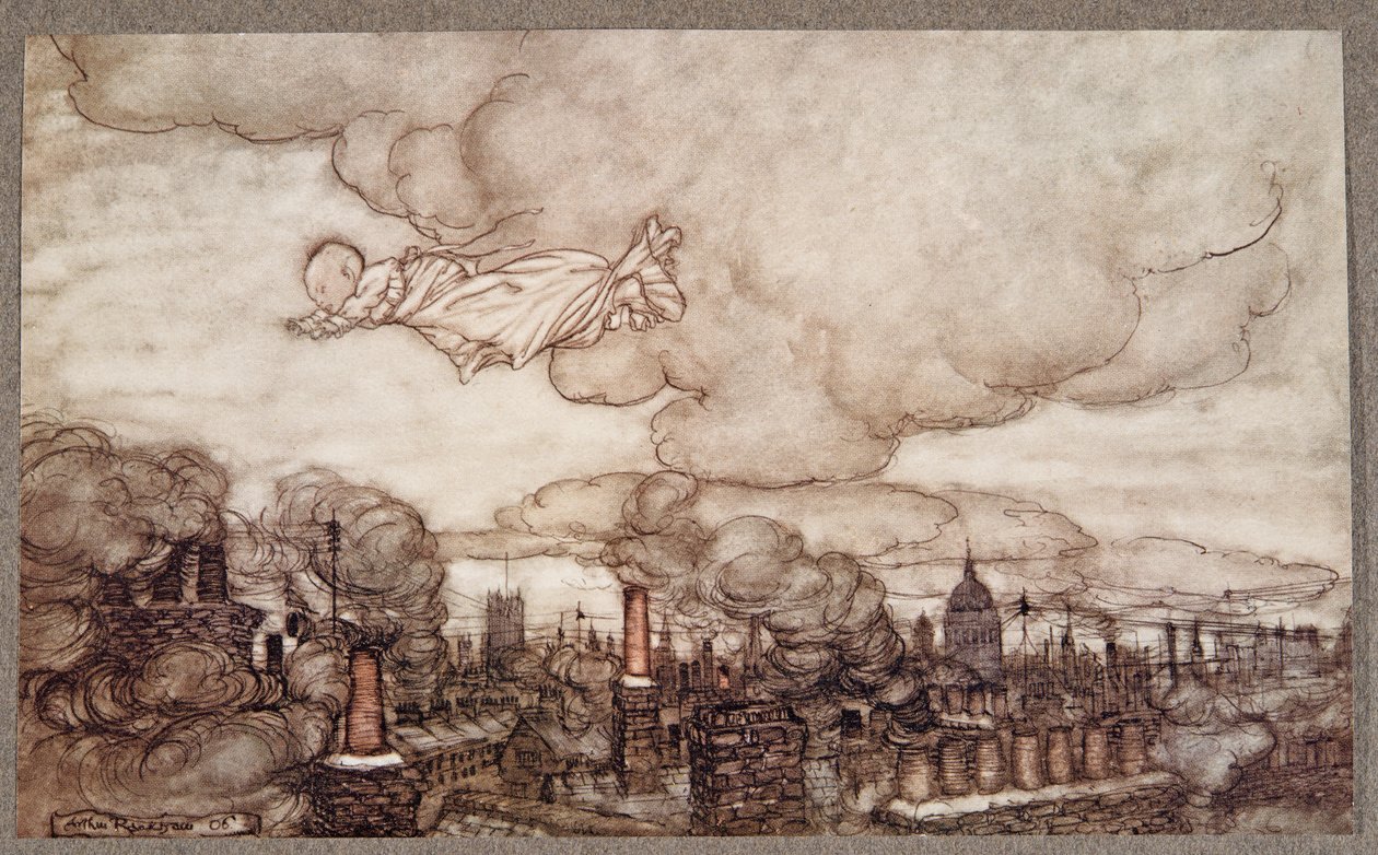 Borte fløy han rett over husene til Gardens, fra Peter Pan i Kensington Gardens av J M Barrie (1860 - 1937), pub. 1906 av Arthur Rackham