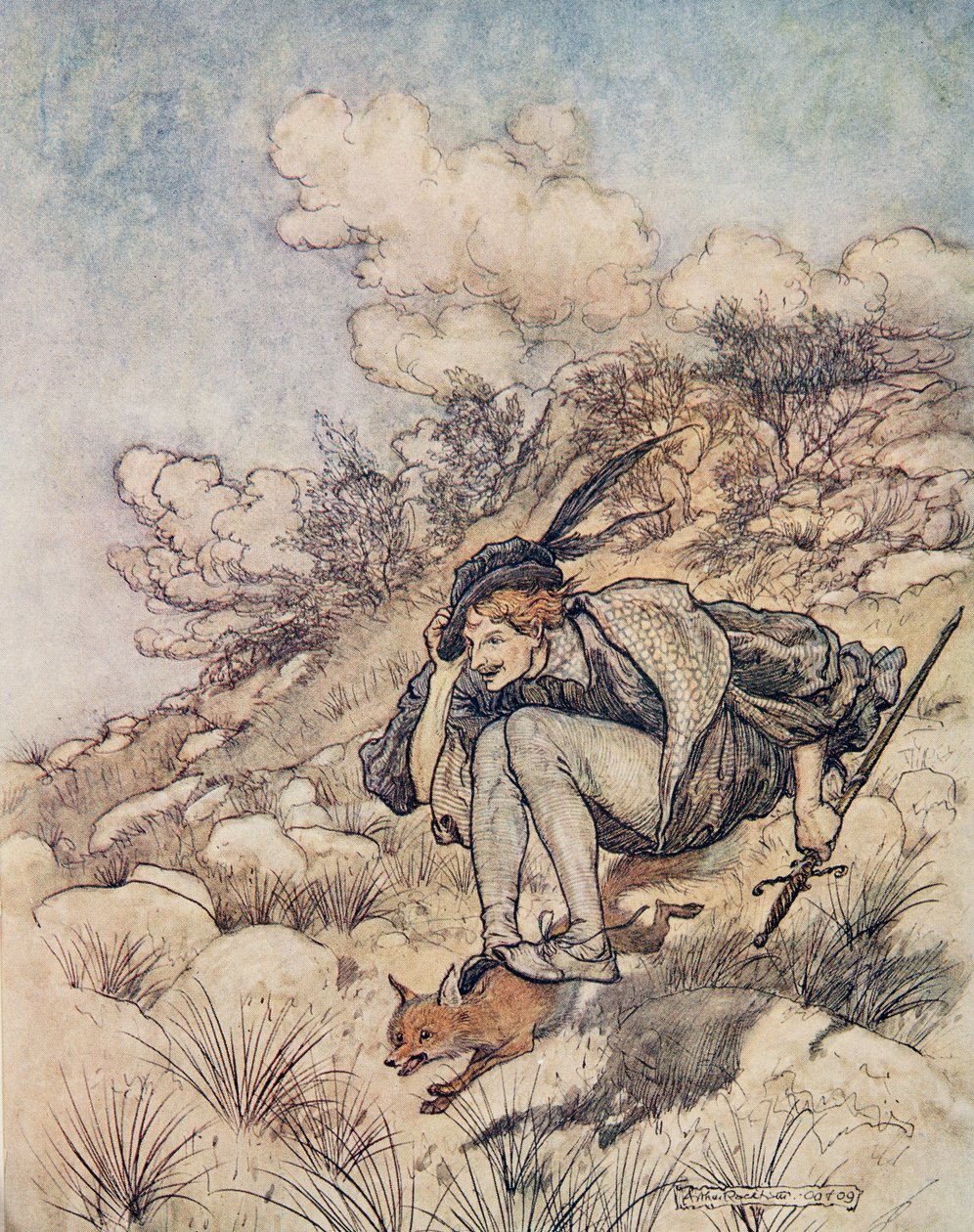 Bort fløy de over stokk og stein, i et slikt tempo at håret hans suste i vinden, fra The Fairy Tales of the Brothers Grimm, pub. 1909 av Arthur Rackham