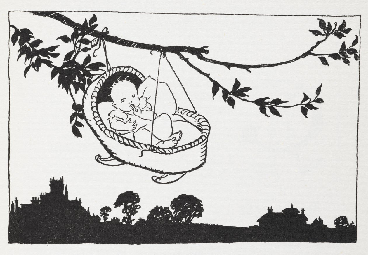 Baby i en barneseng hengende fra en gren. av Arthur Rackham