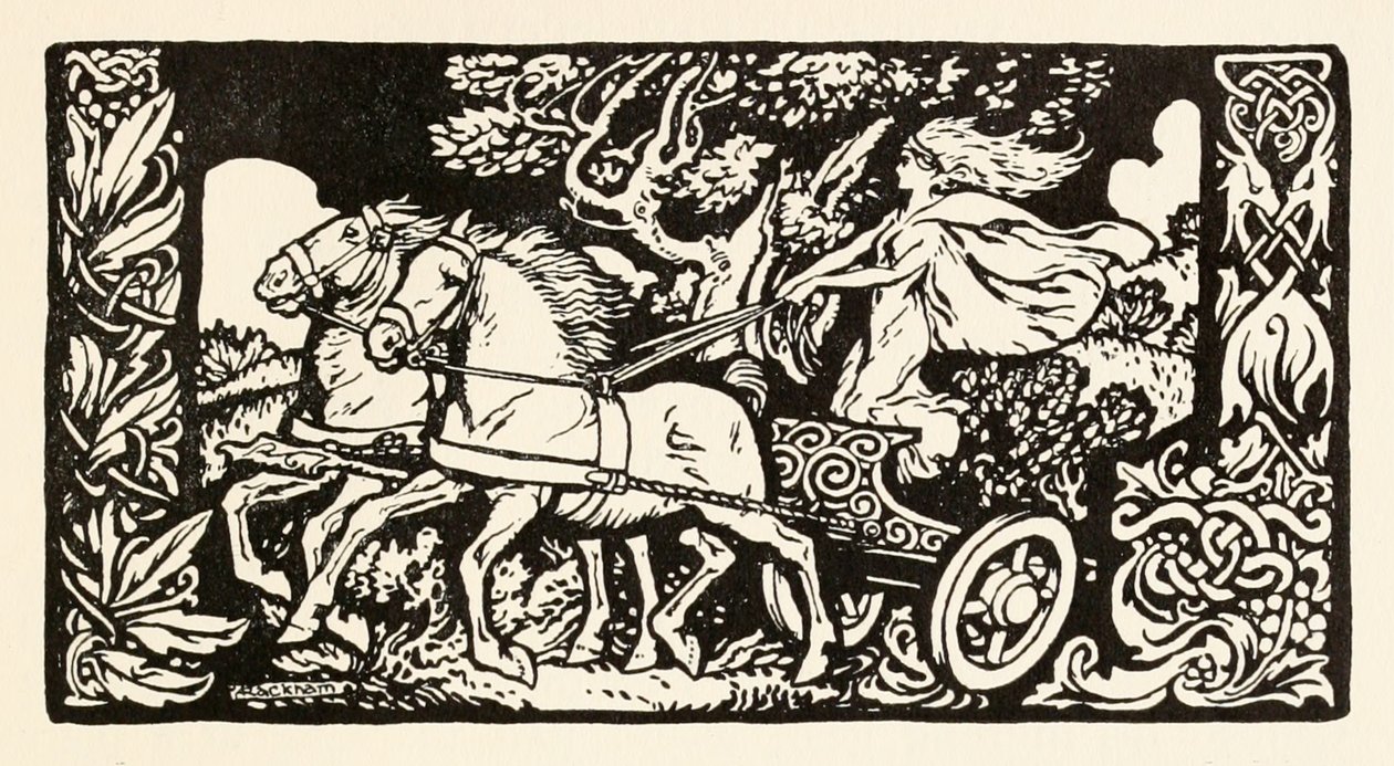 Becfola i vognen hennes fra The Wooing of Becfola i Irish Fairy Tales av Arthur Rackham
