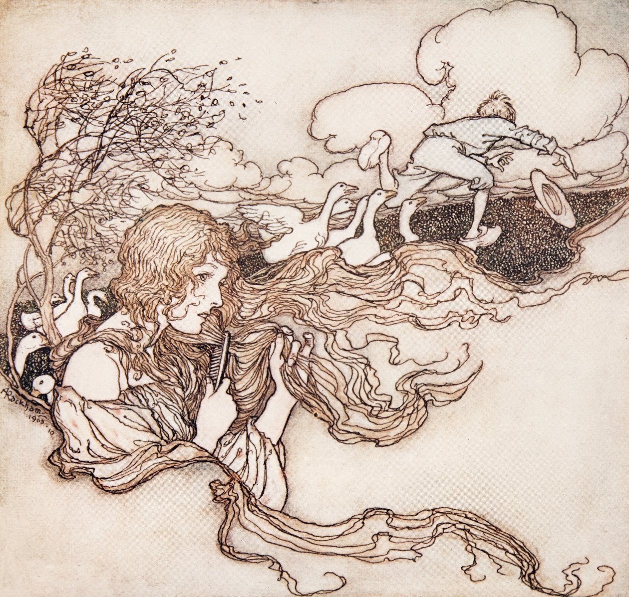 Blås, blås, liten bris, og Conrads hatt griper . fra The Fairy Tales of the Brothers Grimm, pub. 1909 av Arthur Rackham