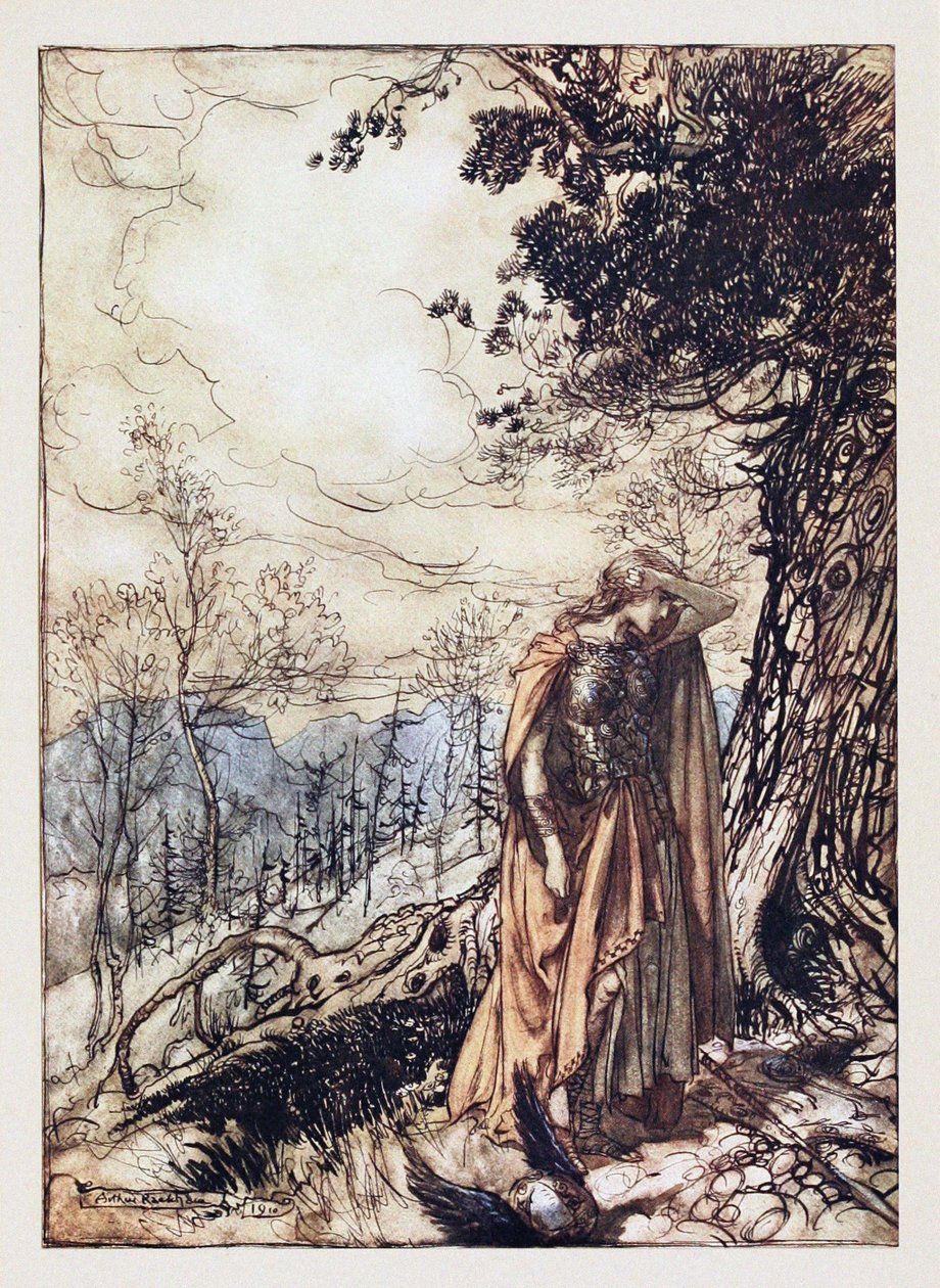 Brünnhilde. Illustrasjon for Rhinegold and The Valkyrie av Richard Wagner, 1910 av Arthur Rackham