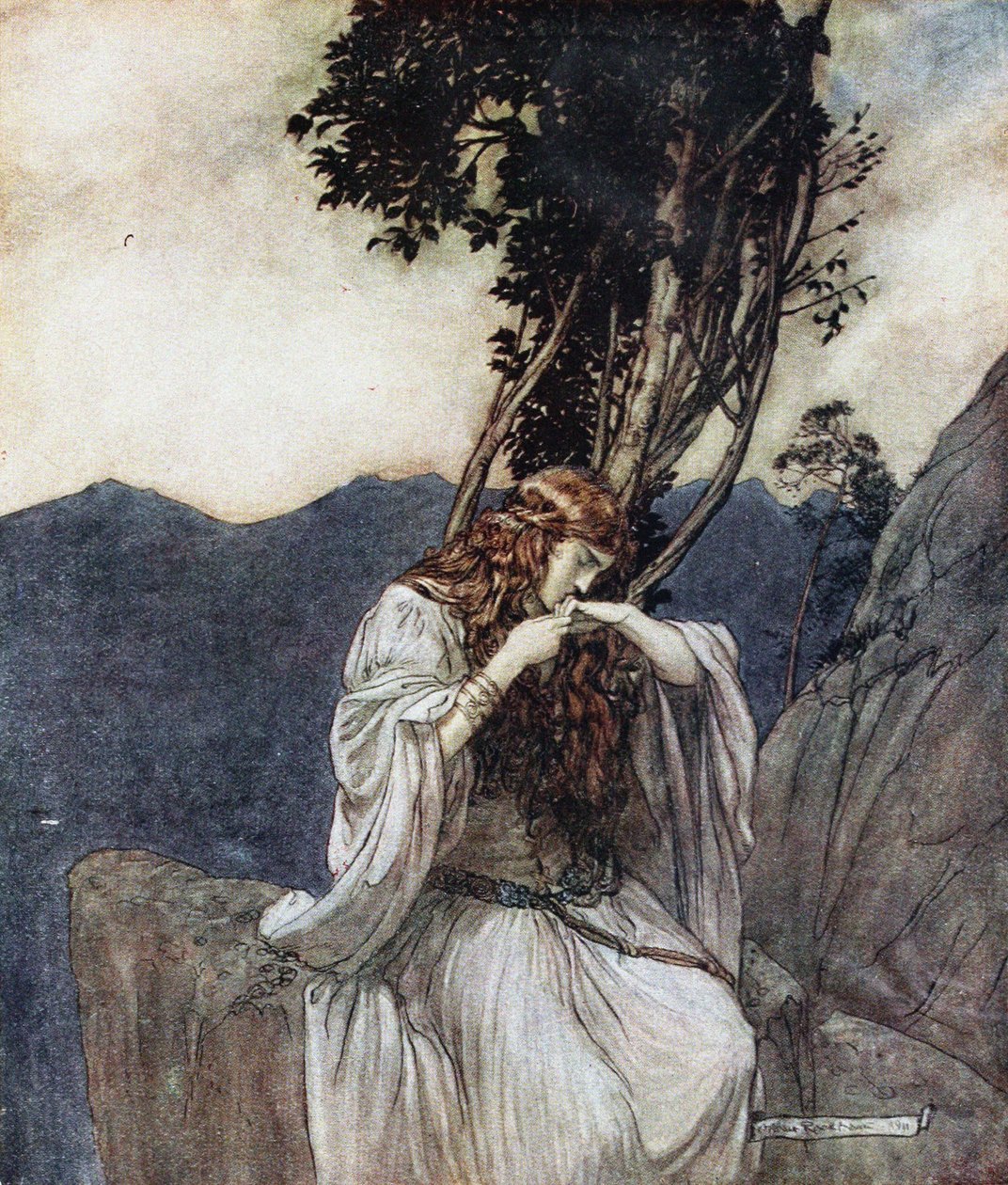 Brünnhilde kysser ringen som Siegfried har lagt igjen hos henne. Illustrasjon for Siegfried and The Twi av Arthur Rackham