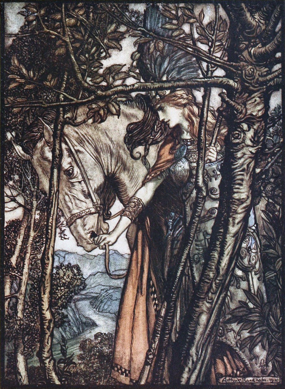 Brünnhilde fører hesten sin ved hodelaget. Illustrasjon for Rhinegold og Valkyrien av Richa av Arthur Rackham