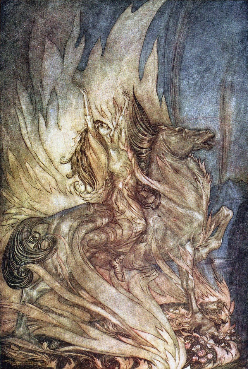 Brünnhilde på Grane hopper på gravbålet til Siegfried. Illustrasjon for Siegfried and The Tw av Arthur Rackham