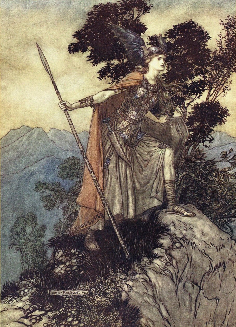 Brunhilde. Illustrasjon for Rhinegold and The Valkyrie av Richard Wagner, 1910 av Arthur Rackham