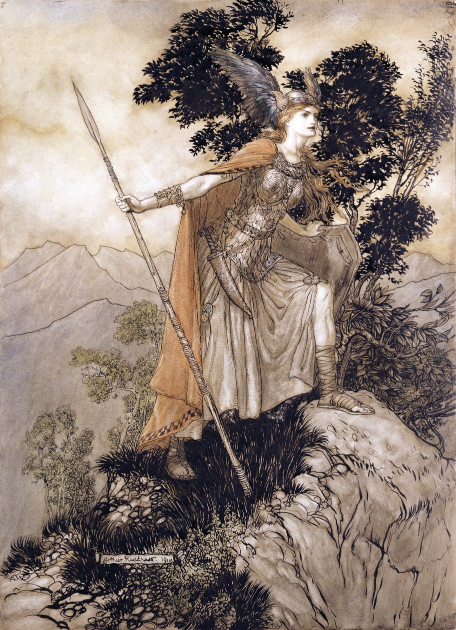 Brunhilde, illustrasjon fra The Rhinegold and the Valkyrie av Richard Wagner, 1910 (penn og blekk, wc på papir) av Arthur Rackham
