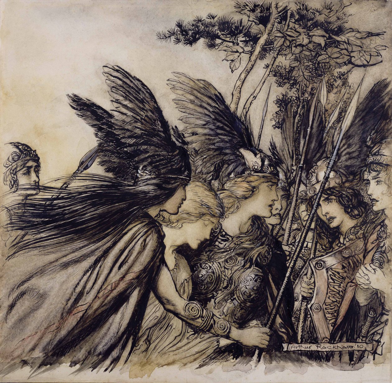 Brunnhilde Implores the Valkyries, illustrasjon fra The Rhinegold and the Valkyrie, av Richard Wagner, utgave utgitt 1910 (penn, blekk og wc på papir) av Arthur Rackham