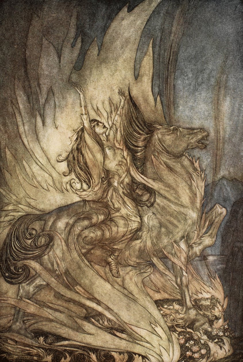 Brunnhilde på Grane hopper videre til begravelsesbålet til Siegfried, illustrasjon fra 