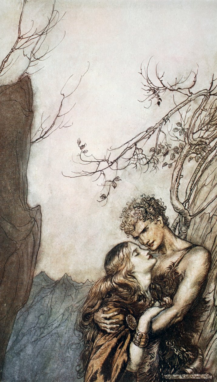 'Brunnhilde kaster seg i Siegfrieds armer', 1924. av Arthur Rackham