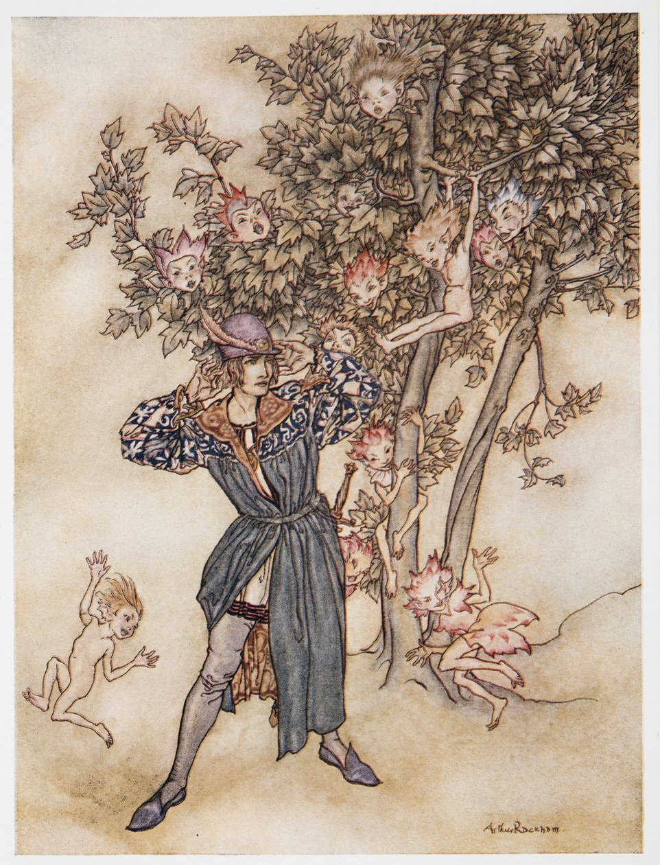 Burthen (spredt) Hark Hark!, illustrasjon fra William Shakespeares The Tempest, pub. 1926 av Arthur Rackham