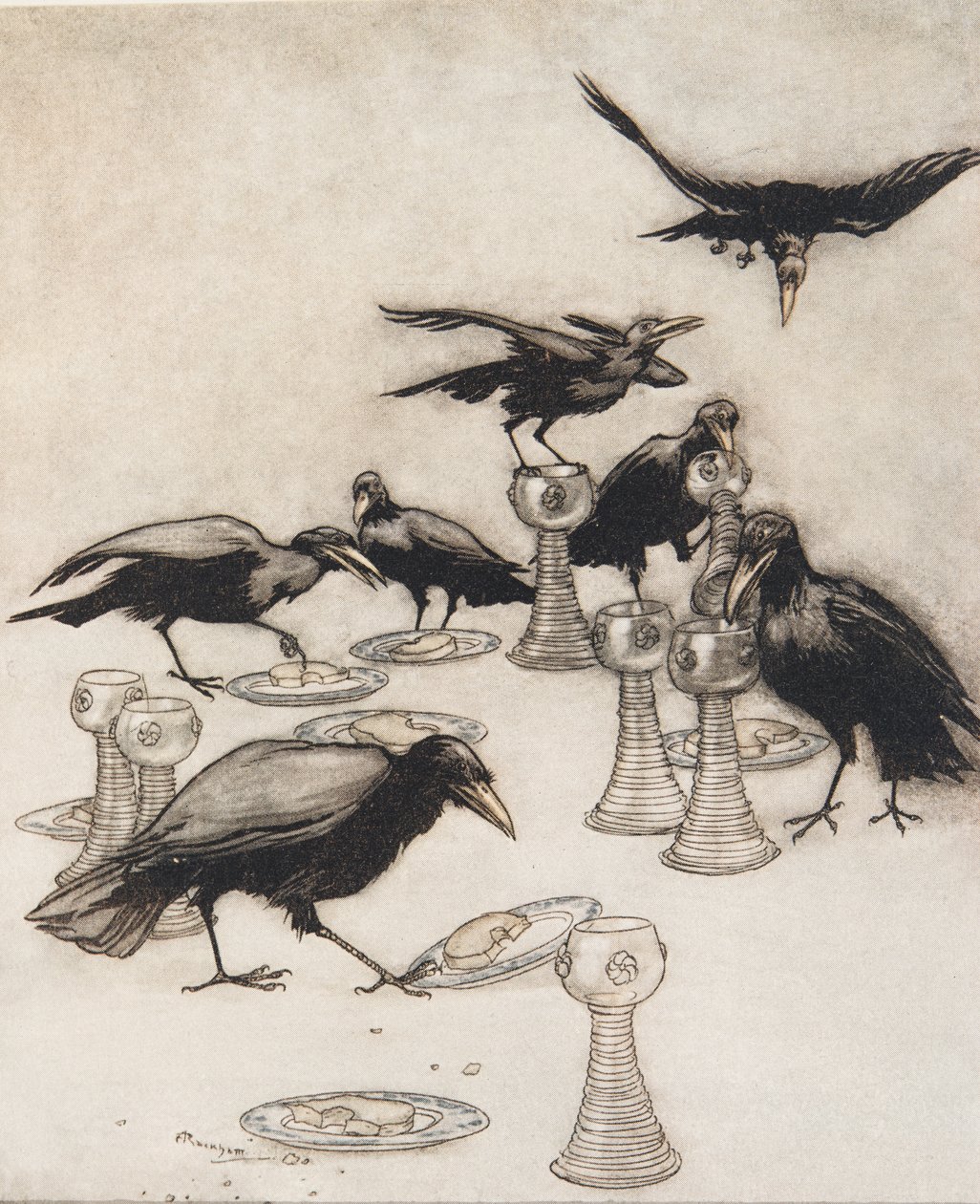Men de sa den ene etter den andre Halloa! Hvem har spist av tallerkenen min? Hvem har drukket av koppen min? fra The Fairy Tales of the Brothers Grimm, pub. 1909 av Arthur Rackham